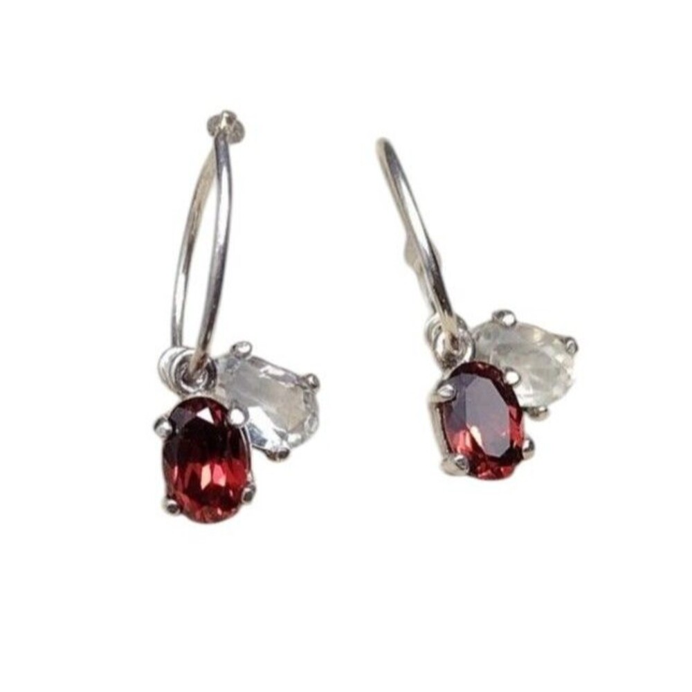 Garnet Stone White Topaz Sterling Silver Small Hoop Charm Earrings 2 Pair in 1